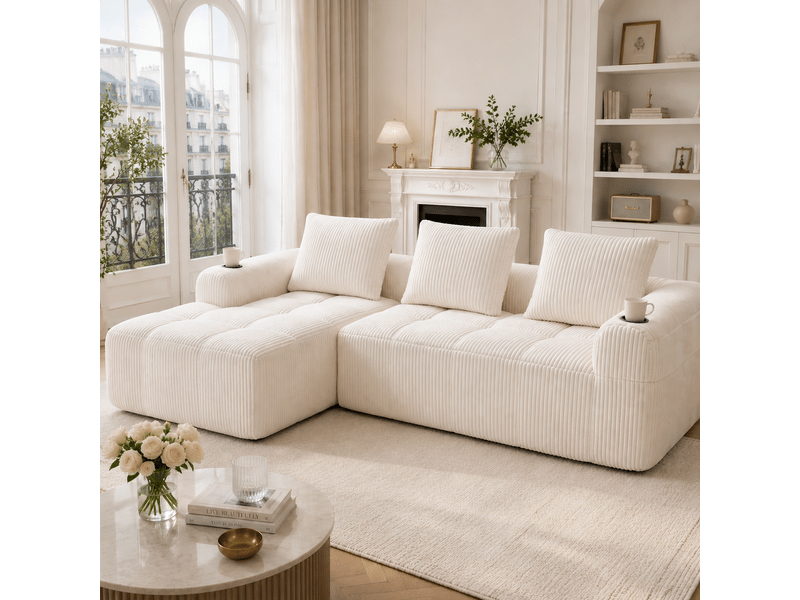  Canapé droit en velours côtelé beige, 4 places, 253 cm, poches latérales W2845S00247 - Conforama B