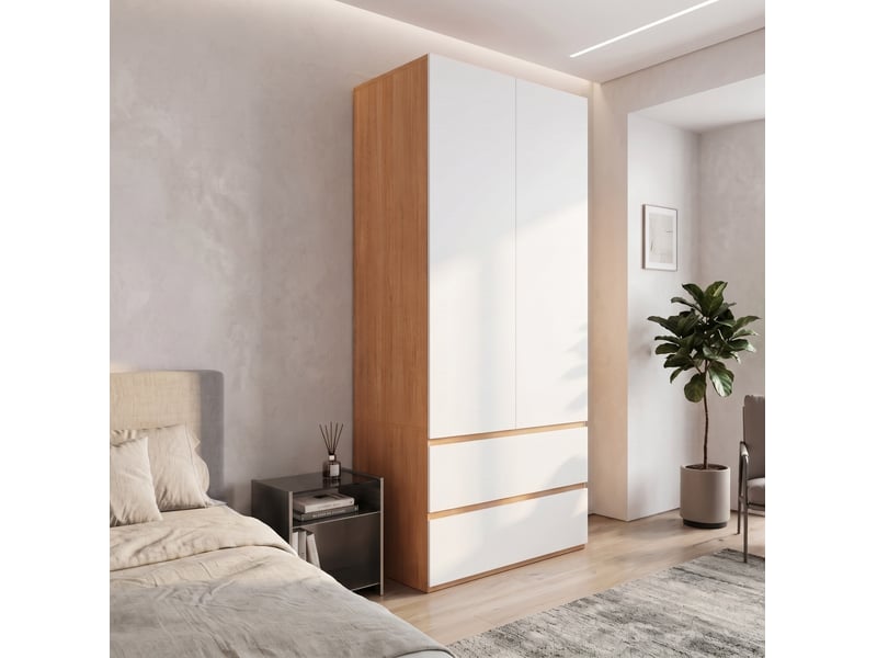  Armoire 2 portes 90x50x200 cm avec 2 tiroirs blanc et effet chêne  - Conforama B