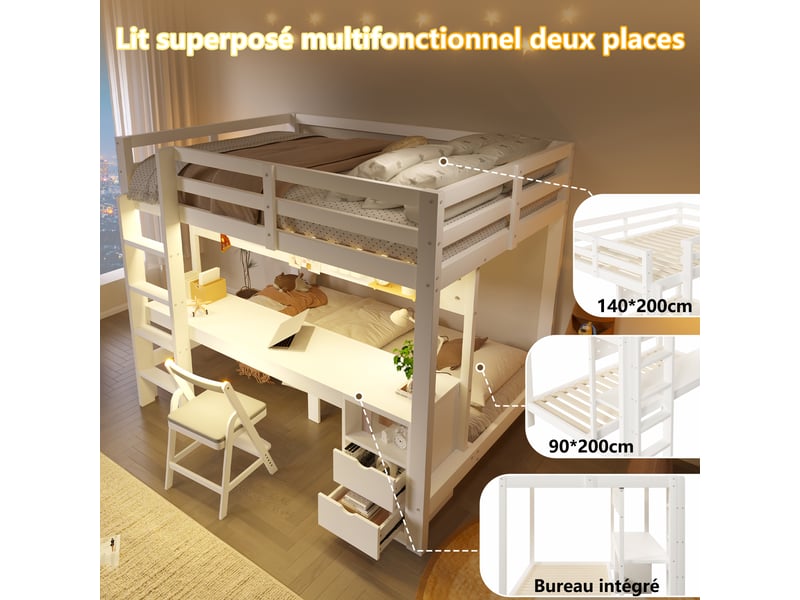  Lit superposé avec bureau, lit en bois de pin, lit enfant 90x200 et 140x200 avec tiroirs, panneau perforé et éclairage led.  - Conforama D