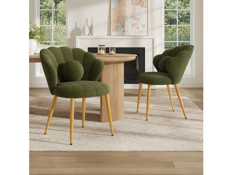  Lot de 2 chaises de salle à manger style coquillage en tissu teddy vert, pieds dorés  - Conforama B