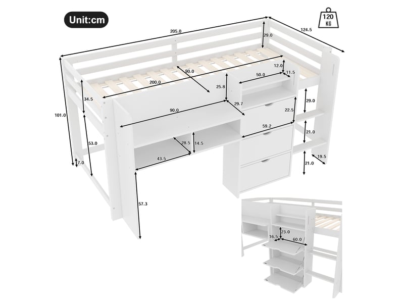  Lit mi-hauteur 90x200 blanc en forme de maison, lit cabane enfant blanc avec rangements intégrés, étagères, 3 tiroirs et échelle  - Conforama C