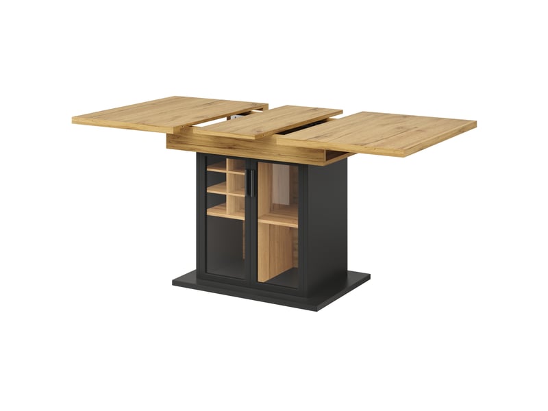  Table extensible 110-140x80x76 cm pour 4-6 personnes, range-bouteilles amovible et porte en verre trempé, mdf, noir  - Conforama E