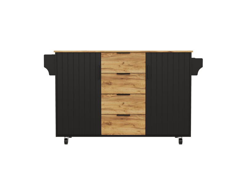  Îlot de cuisine roulant avec plan de travail rabattable, 4 tiroirs, mdf noir et bois 120 x 70 x 90 cm  - Conforama A