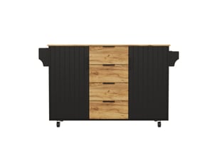 Îlot de cuisine roulant avec plan de travail rabattable, 4 tiroirs, mdf noir et bois 120 x 70 x 90 cm
