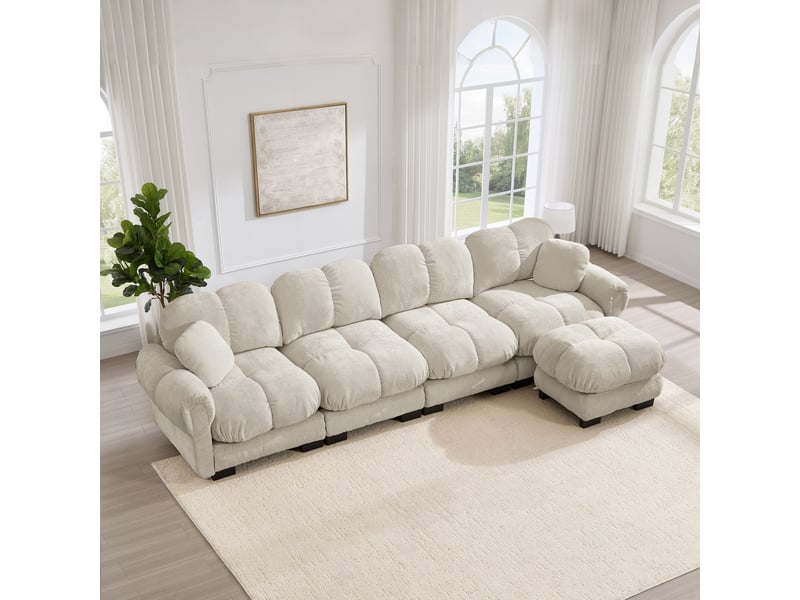  Canapé d’angle 4 places modulable 330x149x90 cm, canapé salon séjour familial avec ottomane déplaçable, chenille, kaki clair  - Conforama D