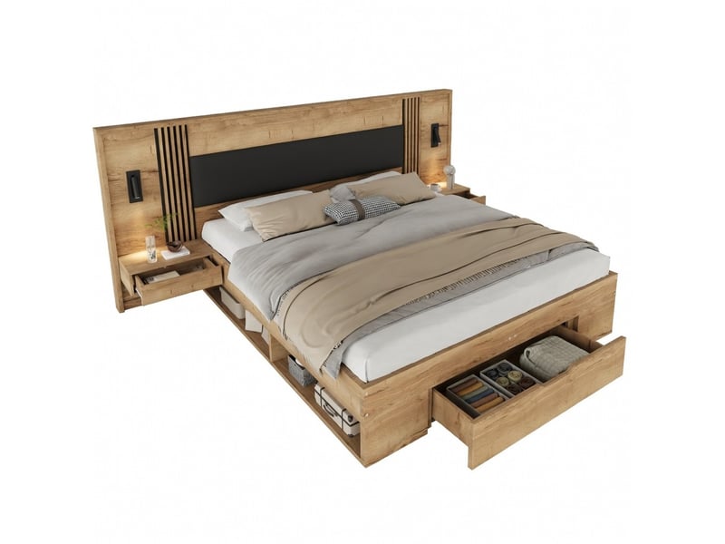  Lit adulte 180x200cm avec rangement tiroirs tables de chevet lampe matelas inclus bois naturel  - Conforama A