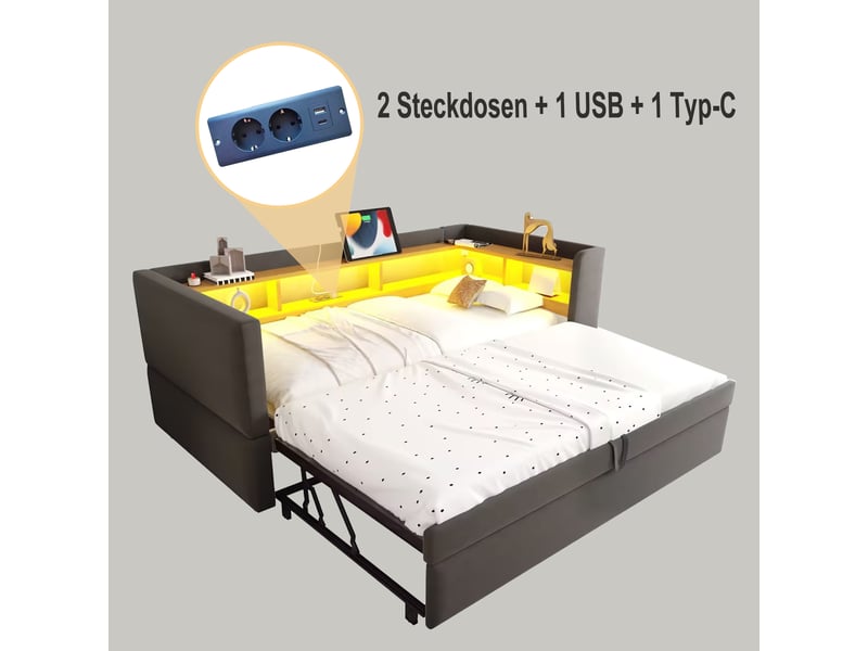  Lit gigogne enfant 90x190 cm avec led, prises, rangement, sommier et canapé-lit, flanelle, gris foncé, sans matelas  - Conforama R