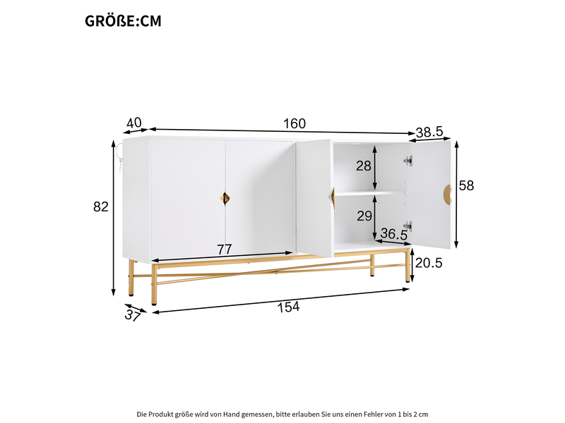Buffet 160x40x82 cm avec 4 portes en relief texturé, meuble de rangement blanc avec pieds métal doré, design moderne en mdf - blanc - Conforama E