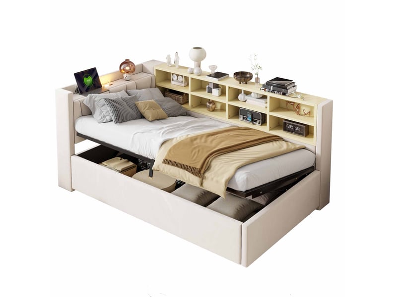 Lit coffre 90x200 cm avec éclairage nocturne et ports de charge, tête de lit multifonctionnelle, métal beige sans matelas  - Conforama A