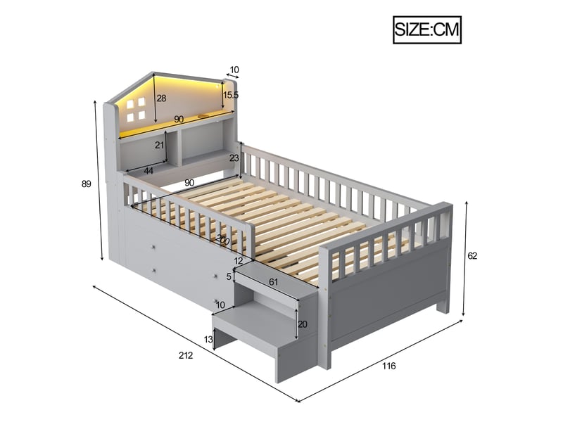 Lit cabane enfant 90x200 cm avec barrières, tiroirs, led et ports usb et type-c bois gris sans matelas  - Conforama E
