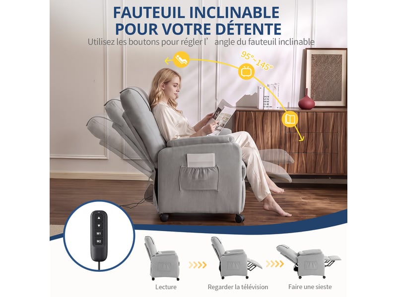  Fauteuil de massage électrique, fauteuil détente pour télévision avec fonction massage et chaleur, 4 roues, gris clair  - Conforama D