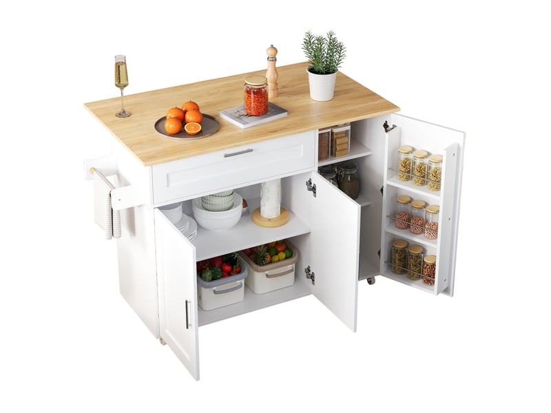 Desserte de cuisine 132,5 x 44 x 90 cm blanc et naturel en mdf, plateau rabattable, 5 roulettes dont 2 freinées - Conforama E