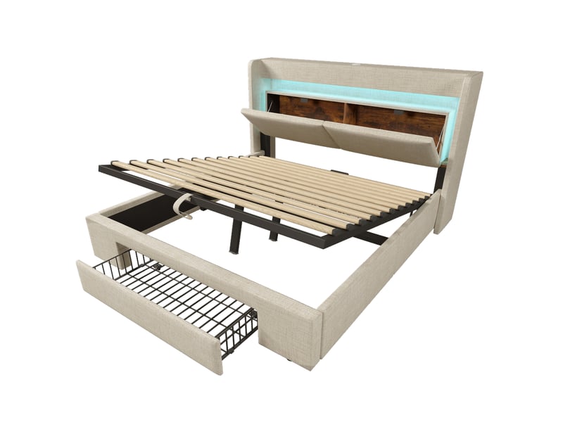  Lit avec rangement 160x200 cm beige en lin, tête de lit led, usb et usb-c, coffre hydraulique, matelas  - Conforama D