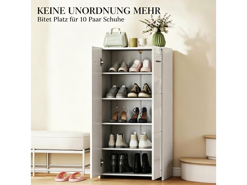  Meuble à chaussures,55x36x108 cm,2 portes,panneau de particules,blanc brillant  - Conforama E