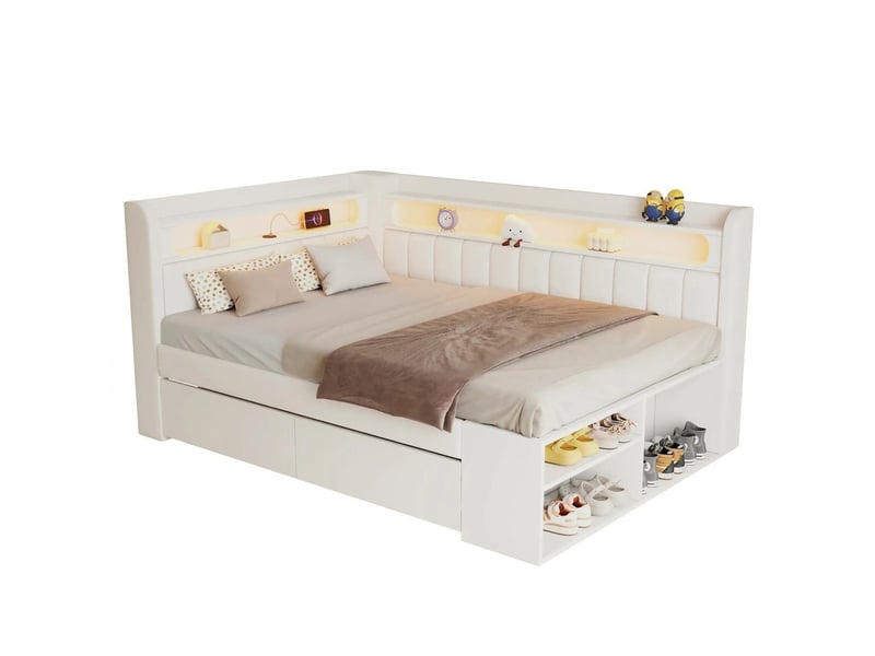  Canapé-lit capitonné 90x200 avec port usb et tiroirs de rangement, meuble à chaussures, blanc  - Conforama A