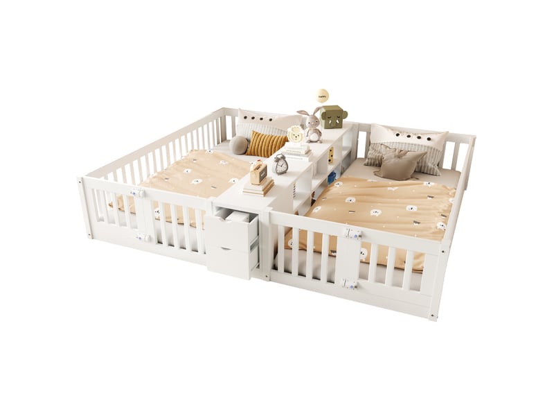 Lit enfant double 2 x 90 x 200 cm avec rangements et barrières de sécurité, blanc - Conforama A