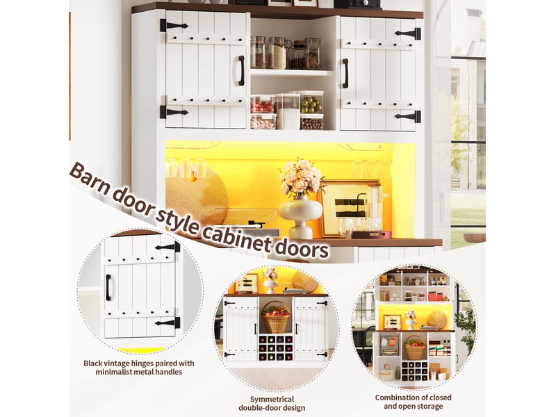  Buffet haut de cuisine 120x40x180 cm – blanc – led rgb, étagères réglables et casier à bouteilles  - Conforama E
