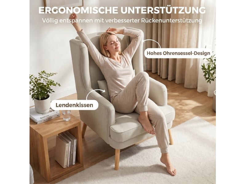  Fauteuil à oreilles avec haut dossier, assise large et coussin lombaire en tissu aspect lin et bois beige  - Conforama E