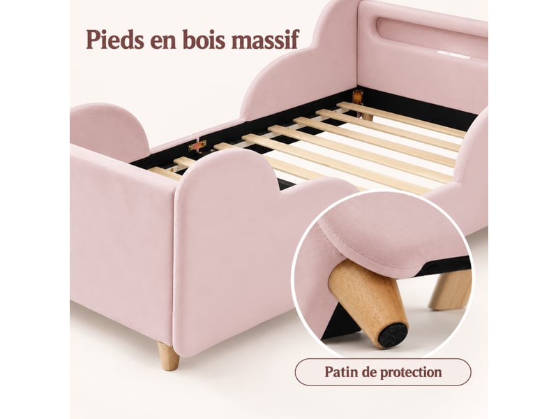  Lit enfant capitonné 90x200 cm rose en velours, barrières de sécurité et pieds en bois massif, sans matelas  - Conforama E