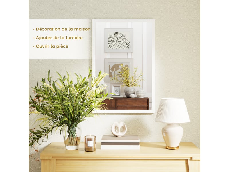  Miroir mural rectangulaire 60 x 40 cm, cadre en bois blanc, salon ou chambre, idéal pour la salle de bain  - Conforama D