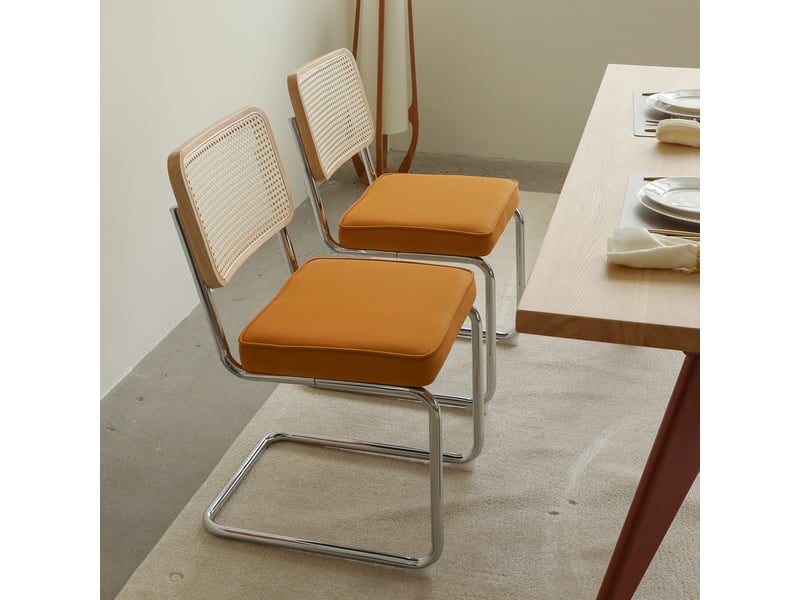 Lot de 4 chaises de salle à manger style breuer, velours et rotin, pieds chromés, design mid-century - Conforama E