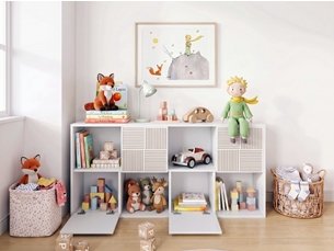 Bibliothèque enfant modulable 125x30x60 cm, meuble de rangement enfant à 8 cases, meuble jouet enfant - 4 portes sculptées - étagère modulaire - organisateur de jouets - vendu à l’unité, blanc