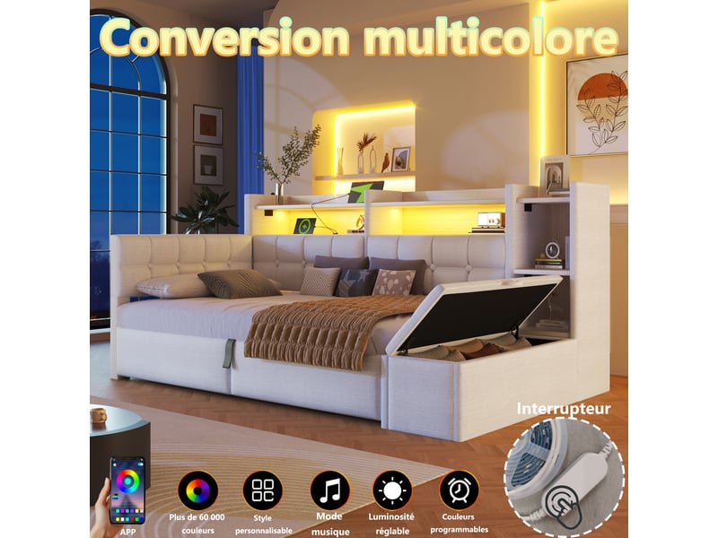  Lit coffre hydraulique 90x200 cm avec led multicolore, usb et usb-c et banc coffre, velours blanc, sans matelas  - Conforama E