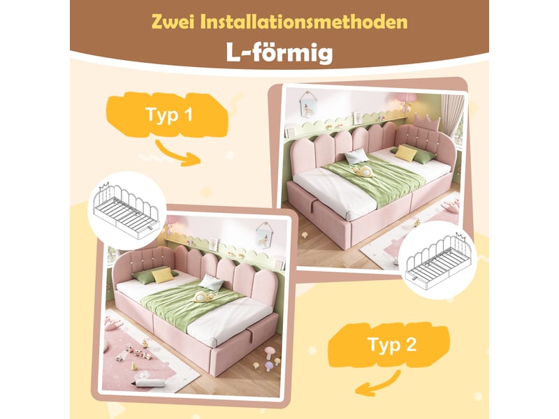  Lit enfant 90x200 cm - lit coffre avec rangement hydraulique - tête de lit rembourrée - design couronne - velours - rose  - Conforama D