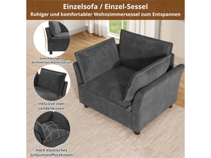 Fauteuil moderne 1 place, gris, chenille, accoudoirs rembourrés, grand confort