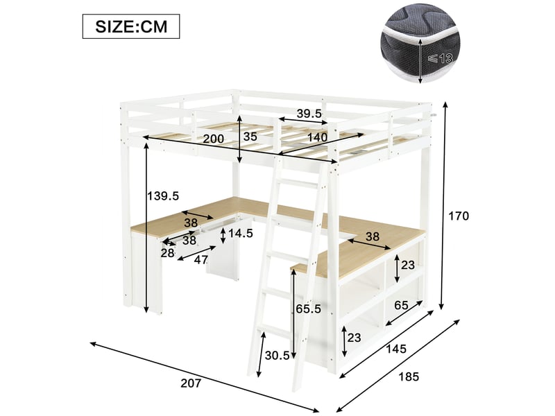Lit mezzanine enfant 140x200 cm avec bureau en u, 2 tiroirs, étagère blanc naturel - Conforama C