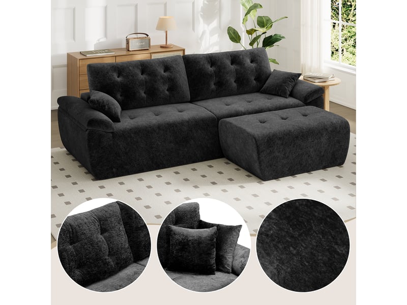  Canapé modulable en chenille noir mousse haute densité avec pouf,canapé salon 275cm style nuage confortable,compressé sans montage 275x174x66CM - Conforama W