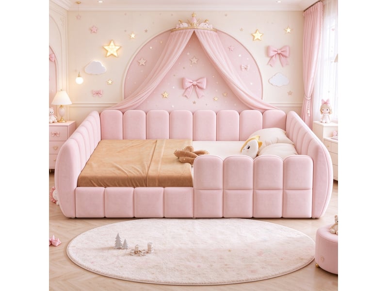  Lit enfant 140 × 200 cm au sol avec cadre entièrement rembourré et angles arrondis en velours rose pour chambre d'enfant  - Conforama E
