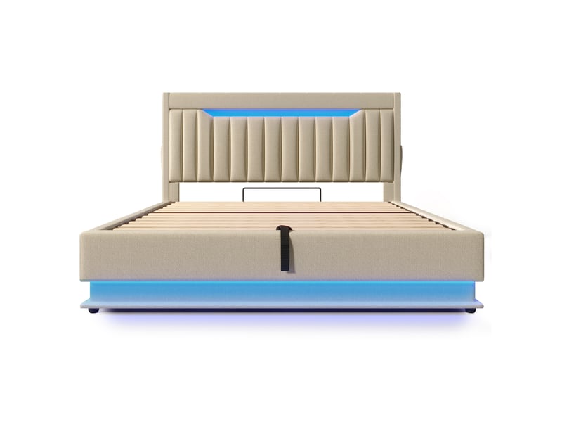  Lit double 140x200 cm avec coffre de rangement, tête de lit led et ports usbtype-c, tissu lin beige  - Conforama A
