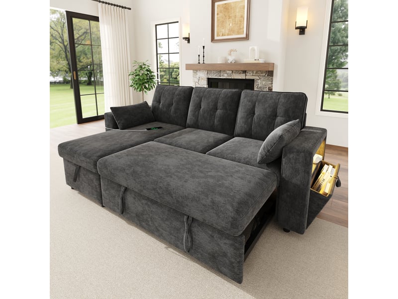 Canapé d’angle convertible 3 places 213 x 131 x 83 cm, méridienne réversible, led, usbtype-c, rangement accoudoirs, 2 coussins, chenille, gris Bliss Lite - Conforama E