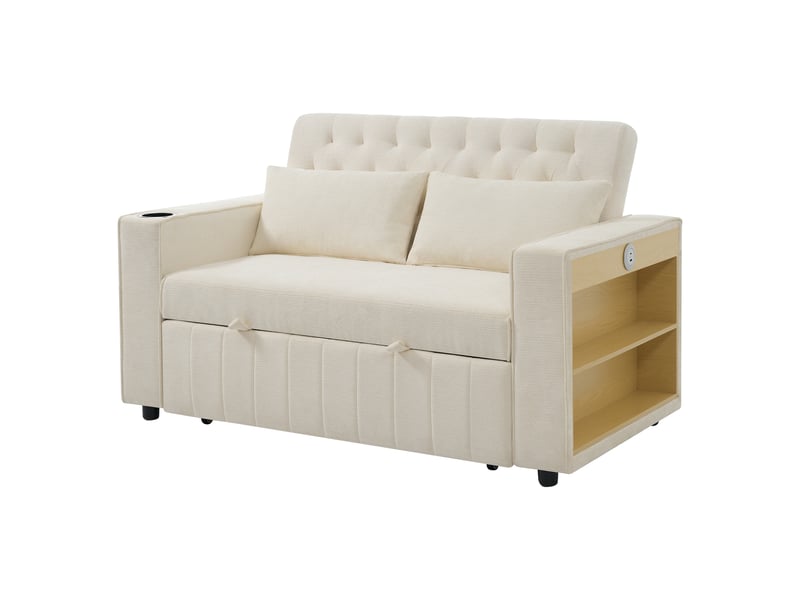 Canapé-lit multifonction lora beige avec rangement, porte-gobelet, usb, coussins et fonction couchage - Conforama B