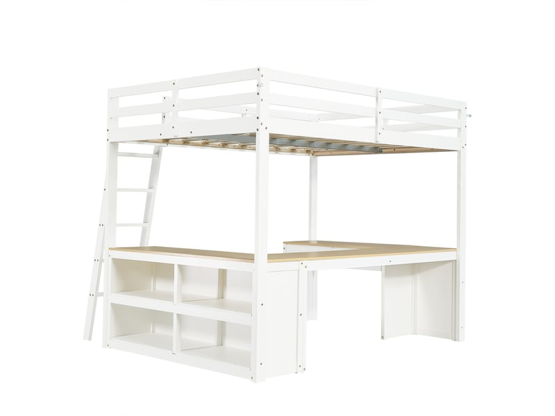 Lit mezzanine 140 × 200 cm avec bureau en u, 2 tiroirs et étagère, blancnaturel IKSETERA TRADING LTD - Conforama R
