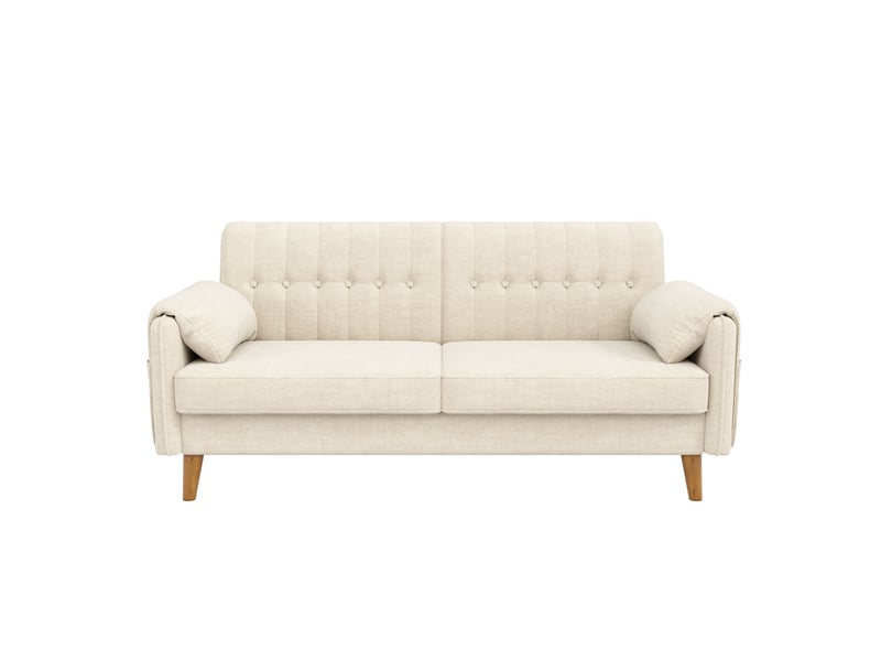 Canapé 2 places 161,5 cm en tissu chenille, assise épaisse, dossier capitonné, 2 poches latérales, pieds en bois massif, beige - Conforama A