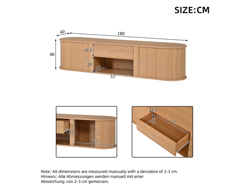  Meuble tv bas 180x40x40 cm avec 2 portes roulantes, 1 tiroir de rangement, structure panneau de particules, naturel  - Conforama C