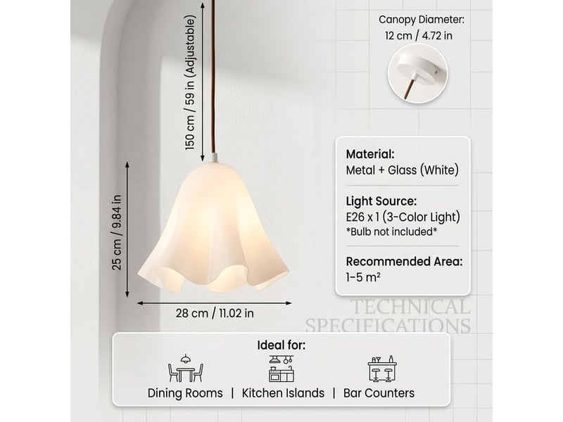  Suspension en verre ondulé en forme de fleur, douille e27, cordon réglable 150 cm, lampe suspendue pour cuisine et salle à manger, blanc  - Conforama D