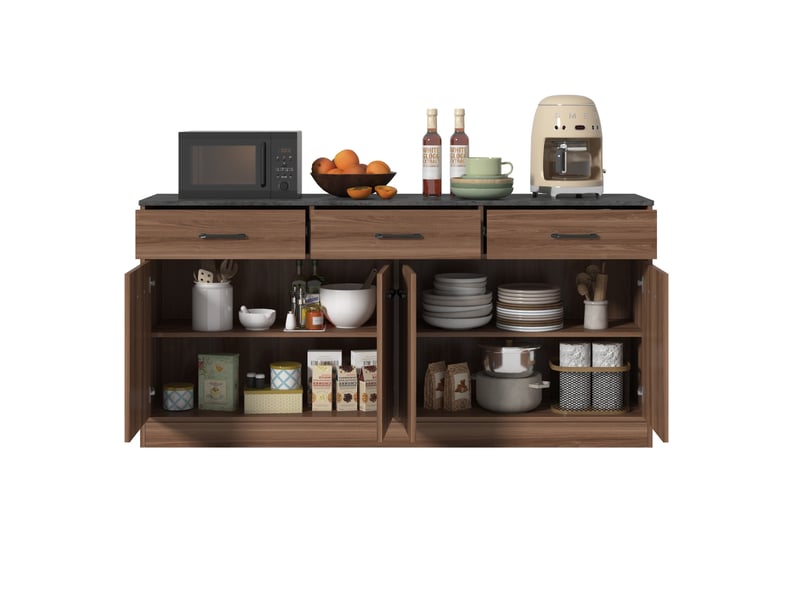  Buffet de cuisine modenvie 160 cm avec 3 tiroirs, 2 compartiments à étagères réglables, plateau aspect béton, finition bois foncé, 160 x 37 x 76,5 cm  - Conforama A