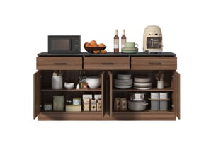 Buffet de cuisine modenvie 160 cm avec 3 tiroirs, 2 compartiments à étagères réglables, plateau aspect béton, finition bois foncé, 160 x 37 x 76,5 cm