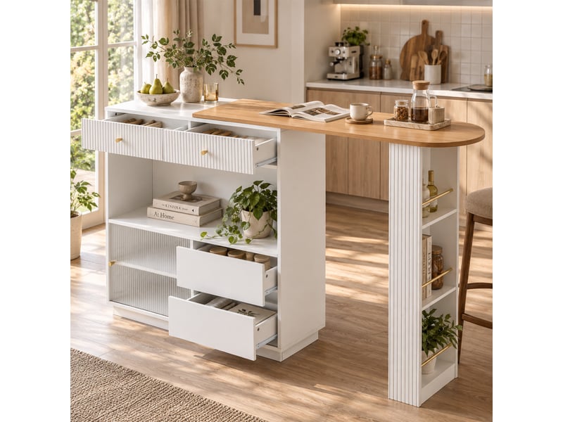  Îlot de cuisine 120x30x100 cm plateau extensible tiroirs portes de rangement éclairage led étagères en verre blanc OPULERANE TRADING LTD - Conforama C