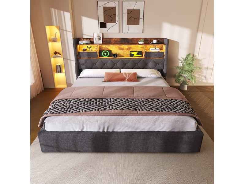  Lit coffre 140 × 200 cm 2 places avec led réglable, usb, type-c, rangement hydraulique et matelas inclus, en lin gris  - Conforama B