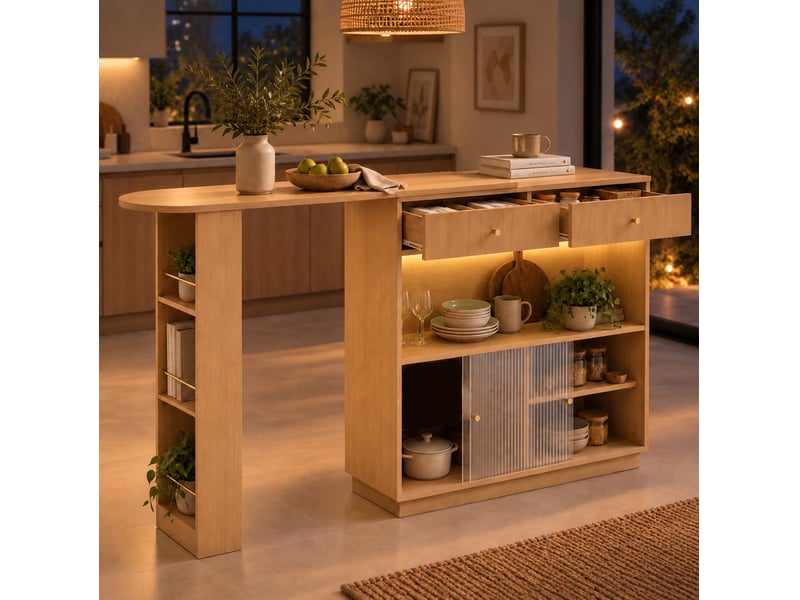  Îlot de cuisine 120x30x100 cm extensible pivotant à 360° coloris chêne clair  - Conforama B