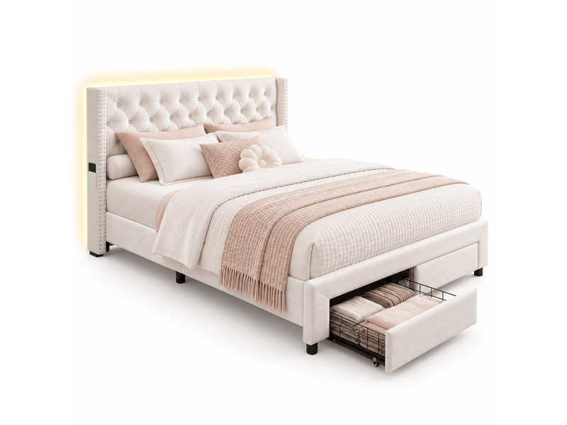 Lit coffre double avec 2 tiroirs - 140x190 cm - lit capitonné complet avec éclairage led et charge usb - sommier à lattes - 2 places2 personnes - tissu en velours - tiroir de lit - chambre adulteadolescentenfant - cadre de lit … - Conforama A