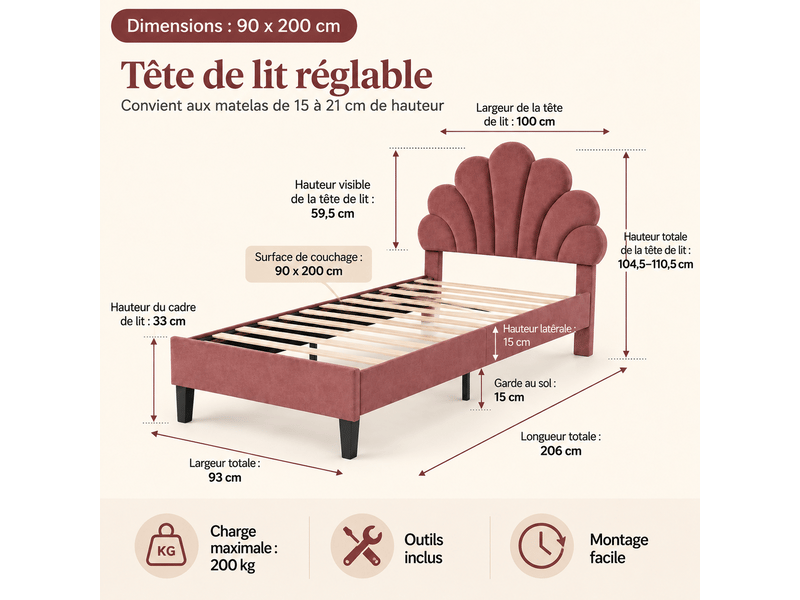  Lit enfant rembourré 90x200, lit simple avec tête de lit en forme de fleur et sommier à lattes, lits 1 personne pour fille adolescent, velours, sans matelas, bordeaux  - Conforama C