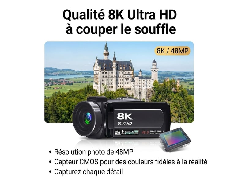  Caméscope numérique 8k ultra hd 48mp – caméra vidéo de vlog avec vision nocturne infrarouge, écran tactile rotatif 3,0, wifi et télécommande 2.4g – noir  - Conforama D