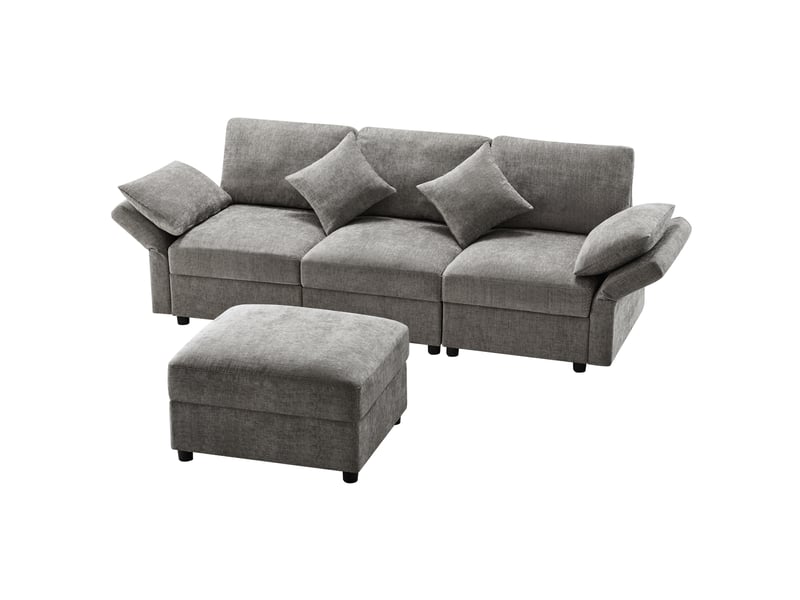  Canapé droit 218x156,5x86cm 3 places, 4 coussins inclus, pouf inclus, structure en bois et métal, tissu chenille, gris  - Conforama A