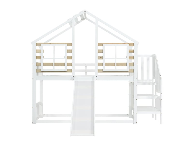  Lit superposé en bois massif, 90 x 200 cm, avec escalier et barrière de sécurité, toboggan et fenêtre, blanc  - Conforama A