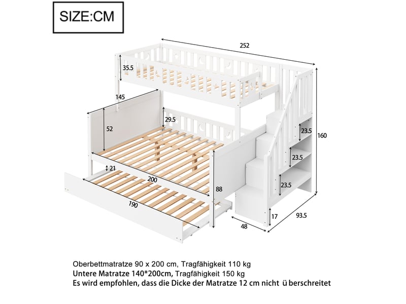  Modenvie lit superposé enfant 90x200140x200 cm - escalier de rangement, lit gigogne, sans matelas - blanc  - Conforama C